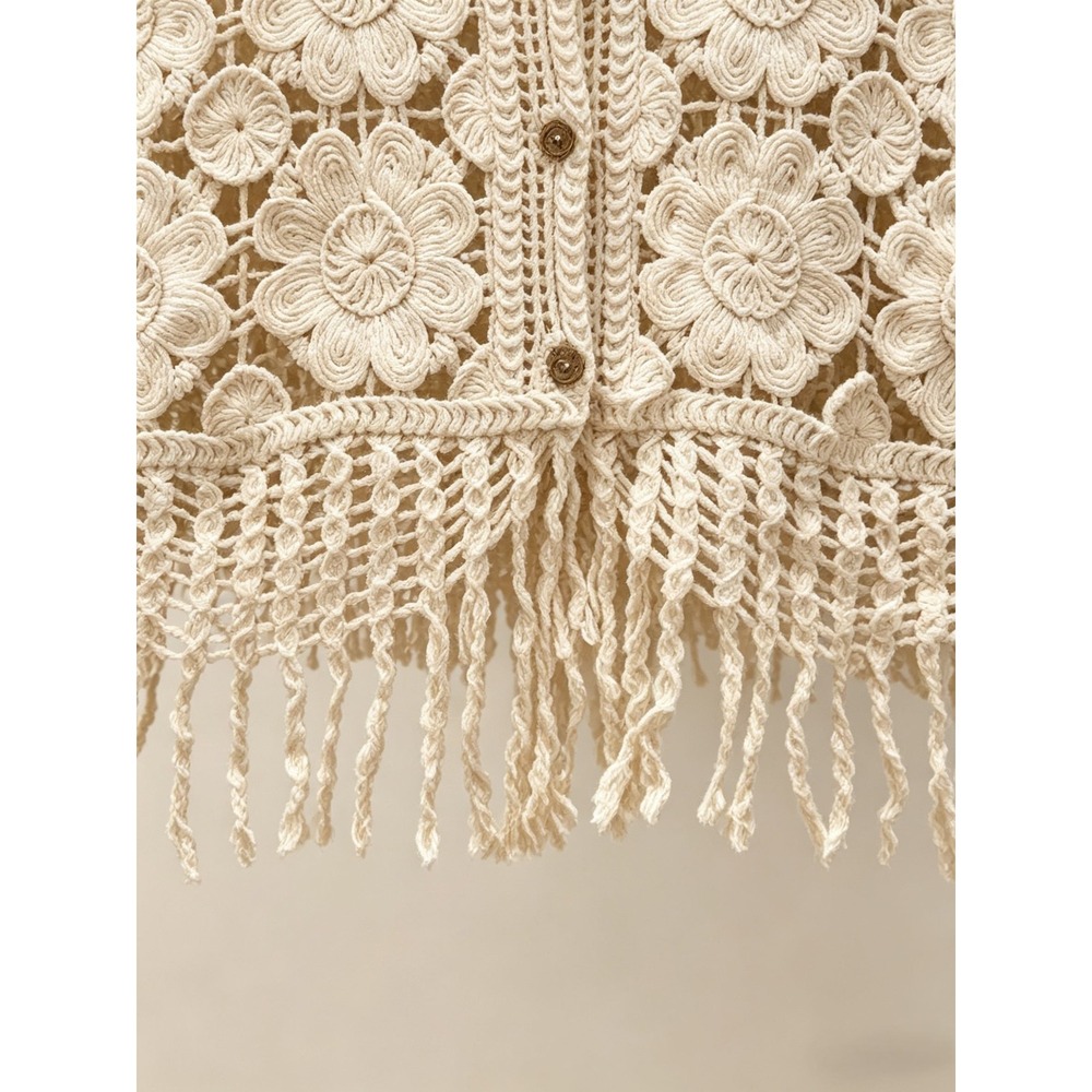 Unbranded Boho Crochet Fringe Vest Cream V-Neck Button Front Sleeveless NEW S/M - Picture 2 of 4